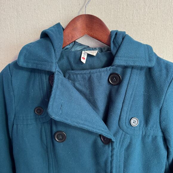 Voice Hooded Jacket Size S Teal Blue Wool Blend Lined with Pockets Warm Winter - Picture 3 of 11